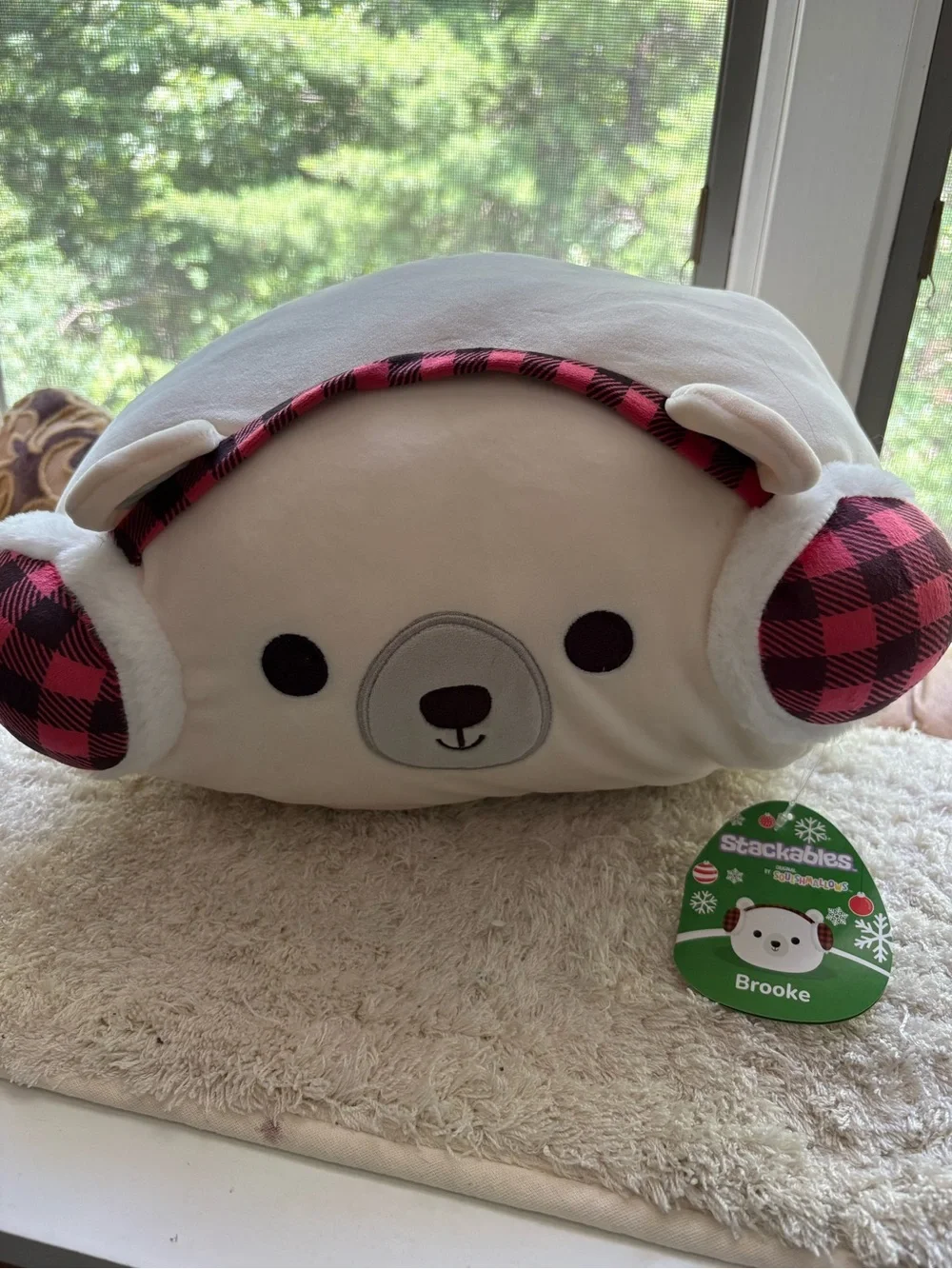 Brooke Plush Bear Pillow with Pink Plaid Ear Muffs